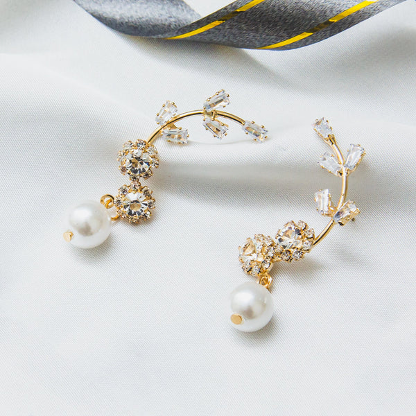 Cubic Zircon Pearl Earrings - Golden